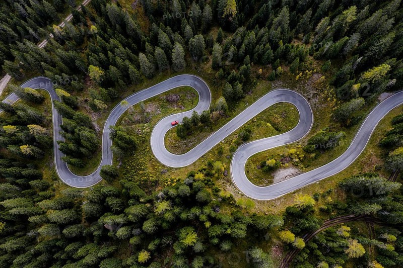 Curvy road, serpentines, pass road, forest, aerial view, car, red, Giau Pass, Dolomites, Italy