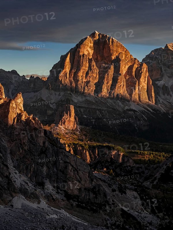 Mountain landscape, morning light, cloud atmosphere, autumn, aerial view, Giau Pass, view of Tofana Group, Dolomites, Italy