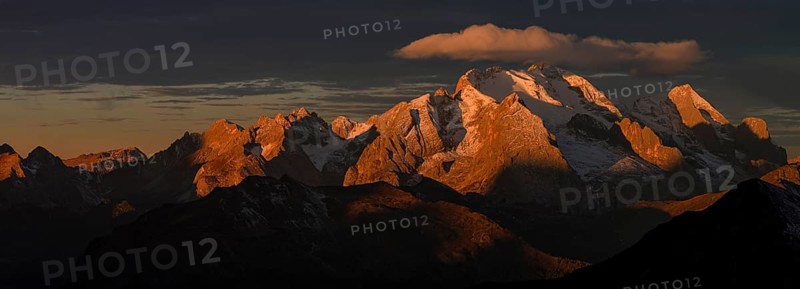 Mountain landscape, morning light, cloud atmosphere, autumn, aerial view, panorama, Giau Pass, view of Marmolada, Dolomites, Italy
