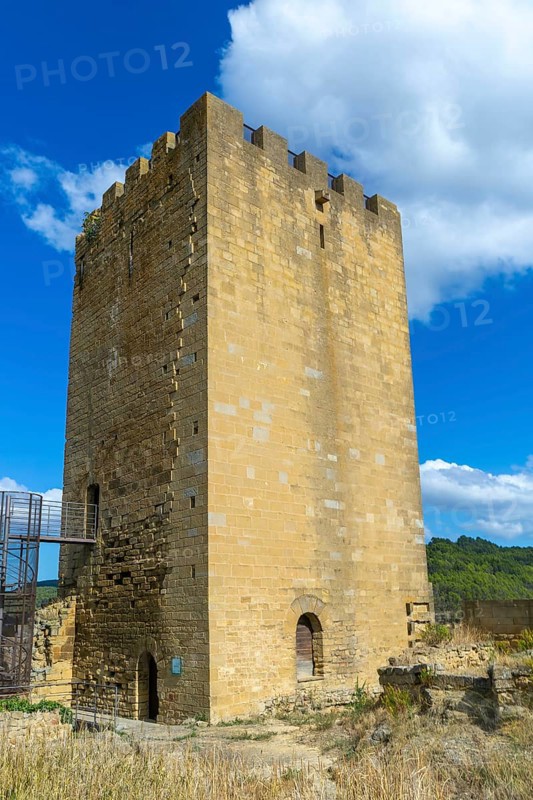 Castle tower in medieval village of Uncastillo, Cinco Villas, Zaragoza province, Aragon, Spain