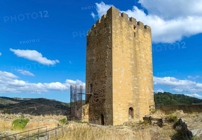 Castle tower in medieval village of Uncastillo, Cinco Villas, Zaragoza province, Aragon, Spain