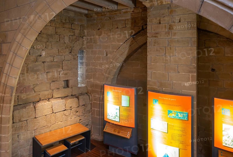 Information display inside Castle tower, medieval village of Uncastillo, Cinco Villas, Zaragoza province, Aragon, Spain