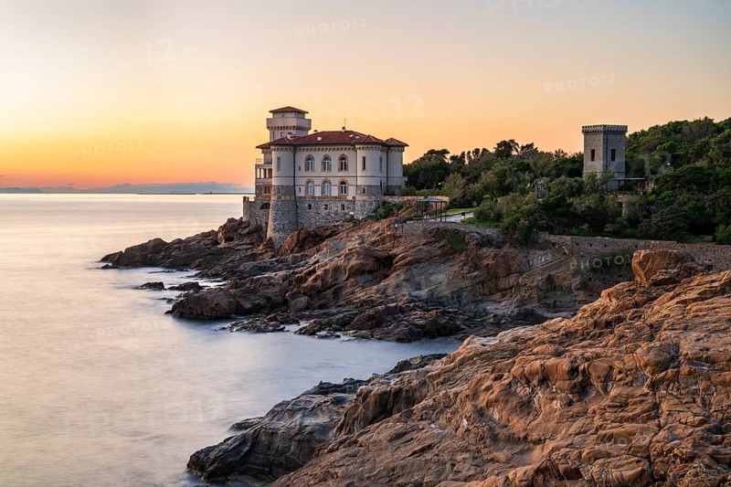 Castello del Boccale in the evening, castle on the coast, Livorno, Tuscany, Italy