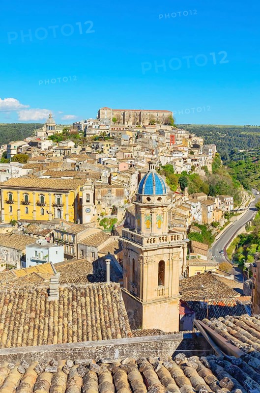 Elevated view of the church of Santa Maria dell'Itria and Ragusa Ibla in the distance, Ragusa Ibla, Ragusa province, Sicily, Italy