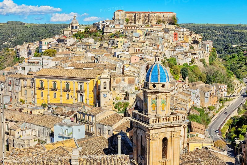 Elevated view of the church of Santa Maria dell'Itria and Ragusa Ibla in the distance, Ragusa Ibla, Ragusa province, Sicily, Italy