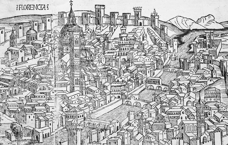 Old town of Florence or Florencia with river Arno, Florence Cathedral or Duomo di Firenze, detail woodcut from: Schedel's World Chronicle, Hartmann Schedel 1493