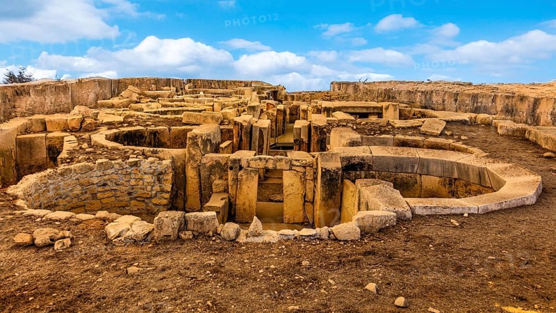 Megalithic temple of Hal Tarxien, 3250—2500 BC, appearance without tent roof, UNESCO World Heritage Site, Tarxien, Malta