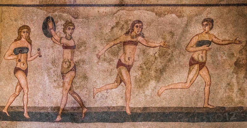 The bikini girls, sportswomen, mosaic floor, late Roman luxury villa from the 3rd - 4th century, Villa Romana del Casale, Piazza Armerina, Sicily