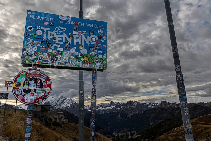 Sign, road sign, sticker, soccer fans, Sella Pass, Dolomites, Italy