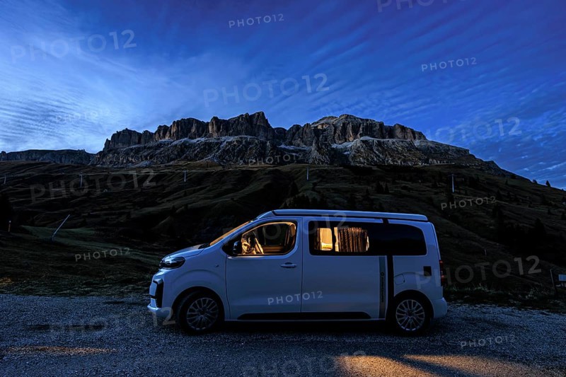 Camper, campervan, camperbus, dusk, mountains, blue hour, camping, Sella Group, Dolomites, Italy