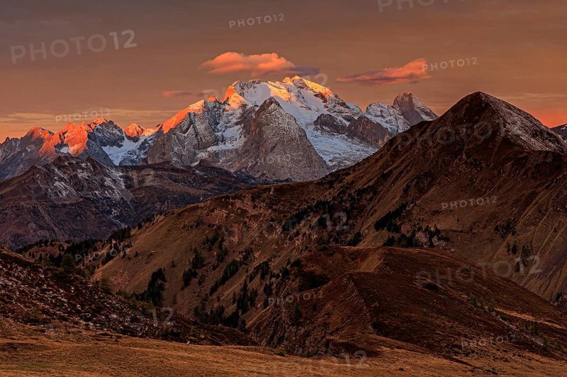Dawn, clouds, morning mood, mountains, autumn, view of Marmolada, Giau Pass, Dolomites, Italy
