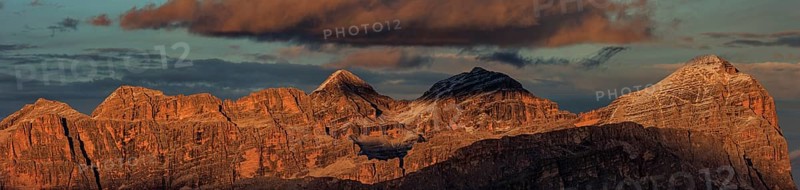 Steep mountains, mountain range, sunset, cloudy, panorama, autumn, Pordoi Pass, view of Tofana Group, Dolomites, Italy