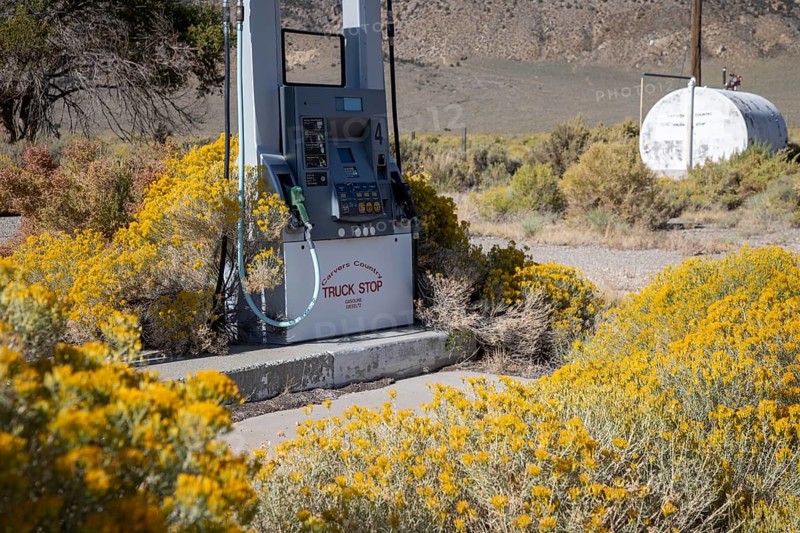 Carvers, Nevada - Rabbitbrush takes over an abandoned gas station in the Nevada desert