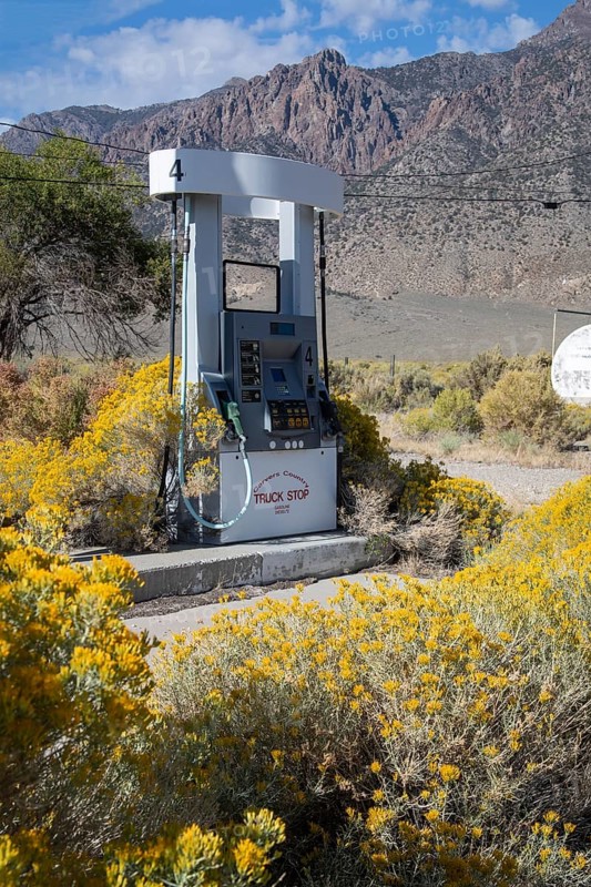 Carvers, Nevada - Rabbitbrush takes over an abandoned gas station in the Nevada desert