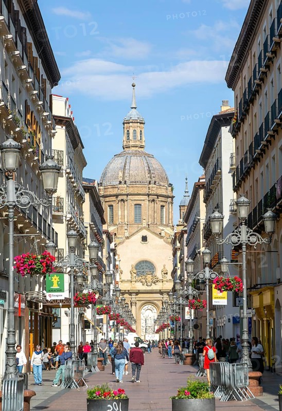 View of Basilica of Our Lady of the Pillar cathedral church from Calle de Alfonso I, Zaragoza, Aragon, Spain