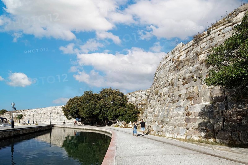 Harbour promenade, outer fortress wall, fortification, bastion, Neratzia fortress, also Nerantzia, castle, first mentioned in 1395, formerly fortress of the Order of St. John, today ruin, city of Kos, island of Kos, Dodecanese islands, Greece, eastern Adriatic, Mediterranean