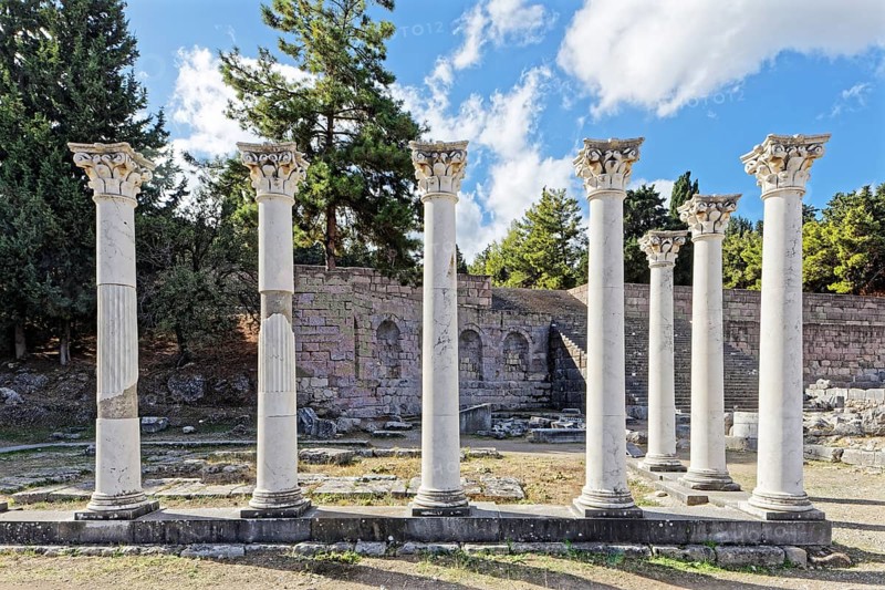 Middle terrace, Apollo temple columns, Asclepieion, Latin Aescupium, three terraces, place of worship of Asclepios, god of healing art, ancient hospital, archaeological excavation 1902-1904, island of Kos, Dodecanese islands, Greece, eastern Adriatic, Mediterranean