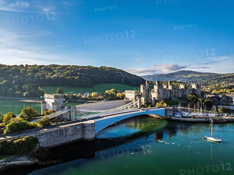 Conwy Castle over River Convy from a drone, Convy, North Wales, England, United Kingdom