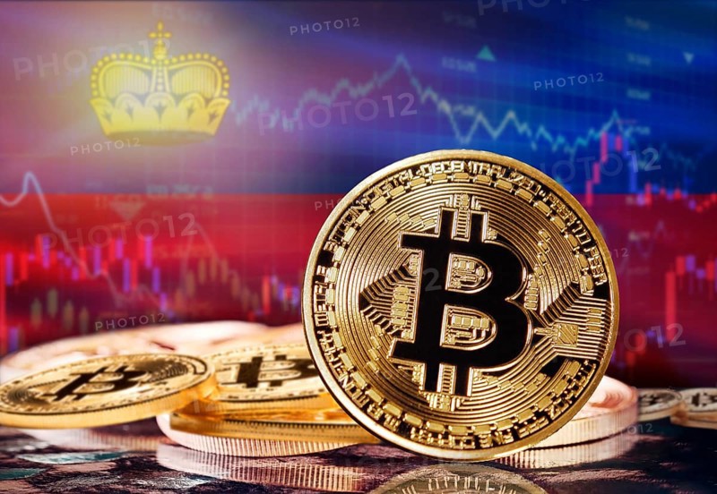 Bitcoin with Liechtenstein flag in the background. Investors in cryptocurrency and Blockchain Technology in Liechtenstein, Concept