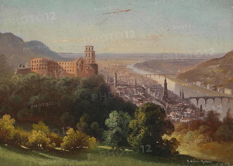 View of Heidelberg, Baden-Württemberg, Germany, based on a painting by Hubert Sattler (1817-1904), reproduction from a 19th century model. Authentic, file restored for optimal use, exact date of original unknown