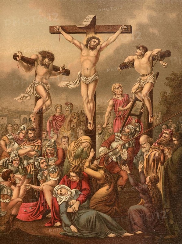 Biblical scene, Bible, Christ and the Crucifixion, a central event in Christianity that took place on Golgotha hill near Jerusalem, illustration, reproduction from a 19th-century model. Authentic, file restored for optimal use, exact date of submission unknown, historical