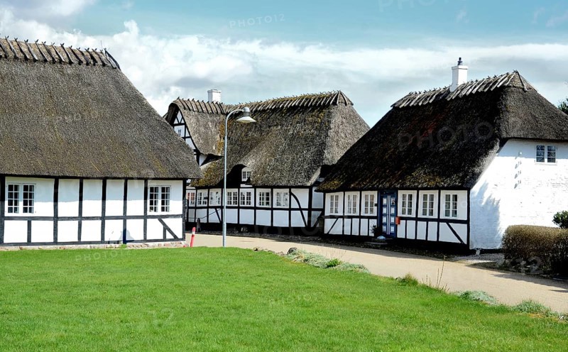 Typical half-timbered house with thatched roof by lawn on Funen, Fyn island, Denmark, Scandinavia
