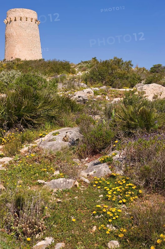 Nature reserve, national park, old watchtower Torre del Cap d'Or, Moraira, on Playa del Portet, Valencia, Costa Blanca, Spain