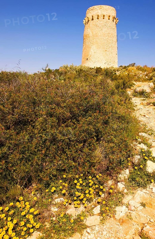 Nature reserve, national park, old watchtower Torre del Cap d'Or, Moraira, on Playa del Portet, Valencia, Costa Blanca, Spain