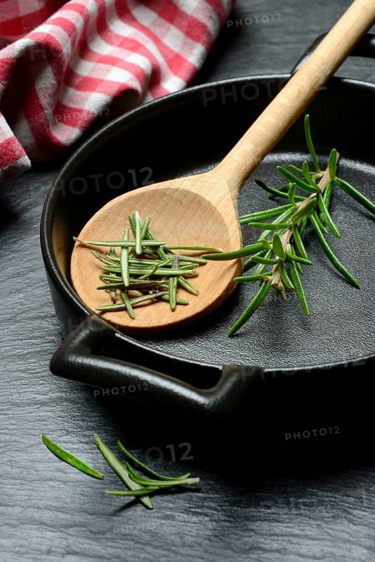 Rosemary, rosemary leaves and rosemary sprig with cooking pot