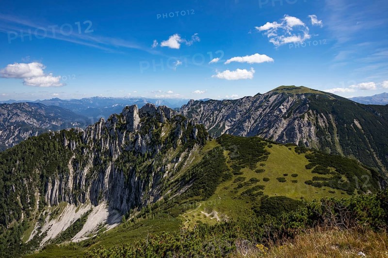 View from Braunedlkogel to Scharfen and Gamsfeld, Postalm, Osterhorn Group, Salzkammergut, State of Salzburg, Austria