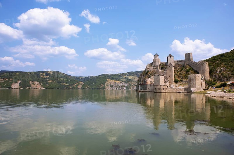 Golubac Fortress or Kolumbatz or Pigeon Town or Pigeon Castle on the Danube, in the background the Ðerdap National Park, Golubac, Serbia