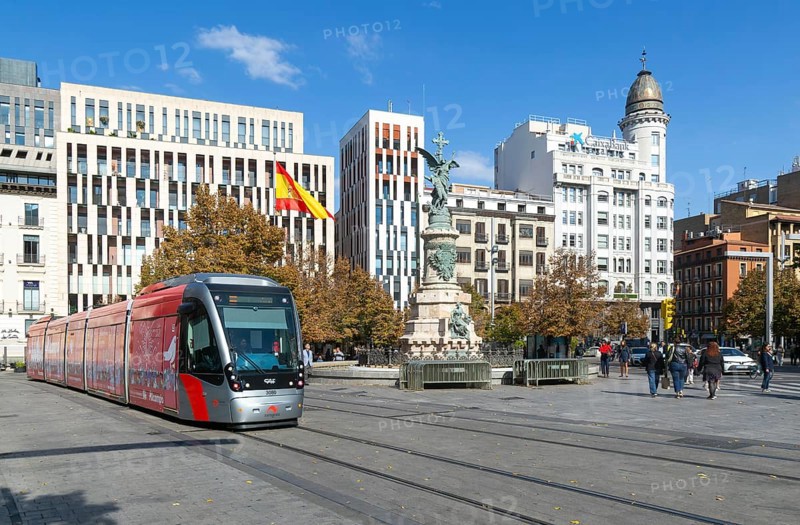 Light rail tram city public transport system CAF Urbos 3 trams, Tranvía de Zaragoza, Plaza de Espana, Zaragoza, Aragon Spain