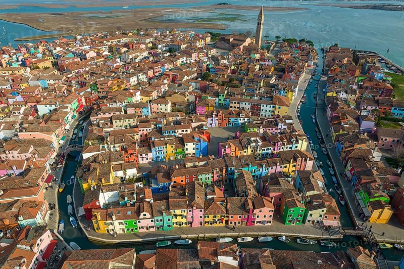 Aerial view of Burano, Venice, Veneto, Italy