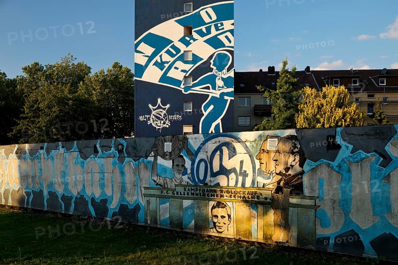 Painted wall on the Glückauf battle track with motifs of FC Schlake 04, Schalke, district of Gelsenkirchen, Ruhr area, North Rhine-Westphalia, Germany