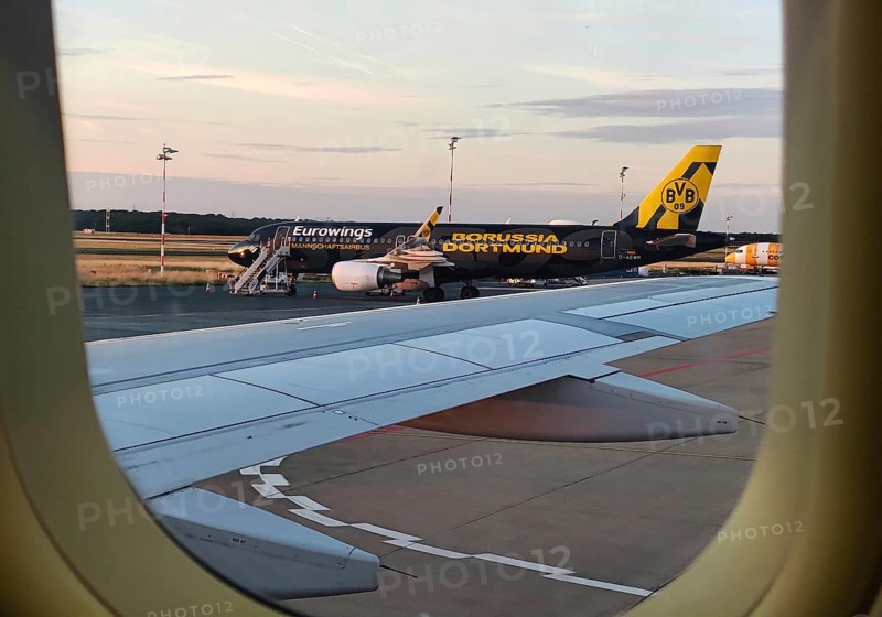View from an airplane of the runway with the Borussia Dortmund crew airbus, airport, Düsseldorf, North Rhine-Westphalia, Germany