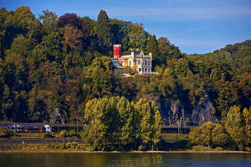 Marienfels Castle with Rhine and regional train from National Express Rhine, Remagen, Rhineland-Palatinate, Germany