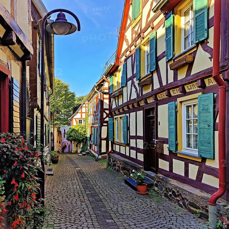 Enge gasse with half-timbered houses in the old town of Unkel, Rotweinstadt, Neuwied district, Rhineland-Palatinate, Lower Middle Rhine, Rhineland, Germany