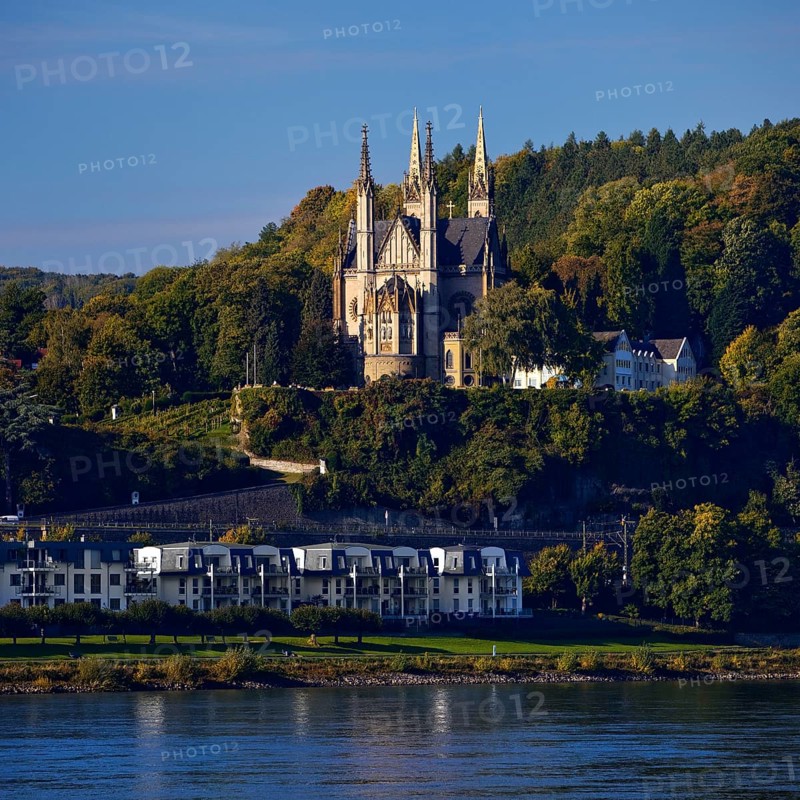 Pilgrimage Church of St. Apollinaris, also Apollinaris Church on the Apollinarisberg in Remagen with the river Rhine, Rhineland-Palatinate, Germany