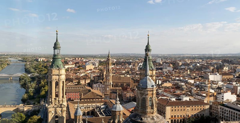 Rooftops of cathedral church Basilica of Our Lady of the Pillar, city centre of Zaragoza, Aragon, Spain
