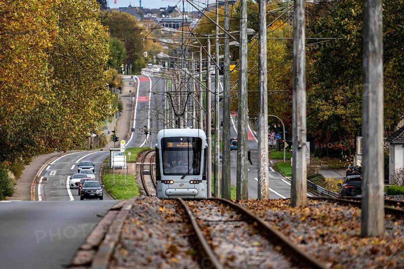 Bogestra tramway, line 305, on the Wattenscheider Hellweg, tram line in the middle of the street, North Rhine-Westphalia, Germany