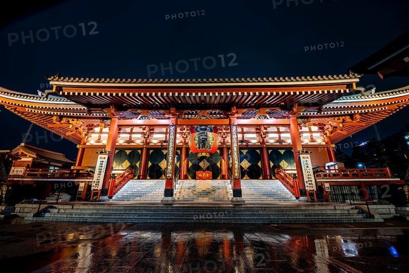 Illuminated main hall of Asakusa Shrine or Senso-ji Temple, at night, Buddhist temple complex, Asakusa, Tokyo, Japan