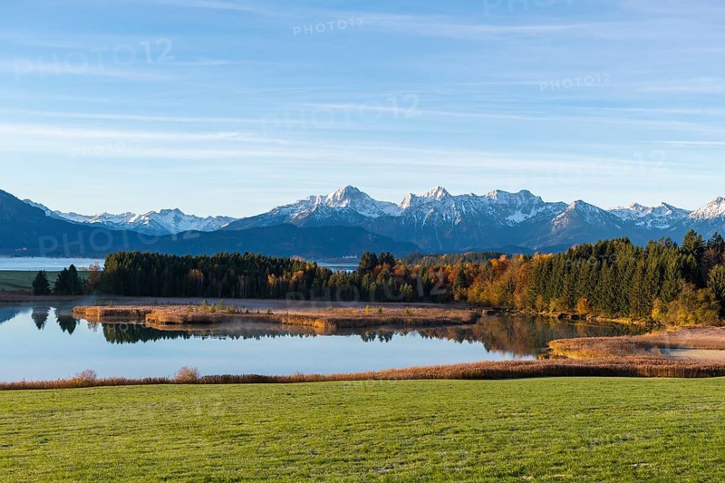View of a lake surrounded by forests and snow-covered mountains in an autumnal atmosphere, Forggensee, near Roßhaupten, Ostallgäu, Allgäu, Swabia, Bavaria, Germany