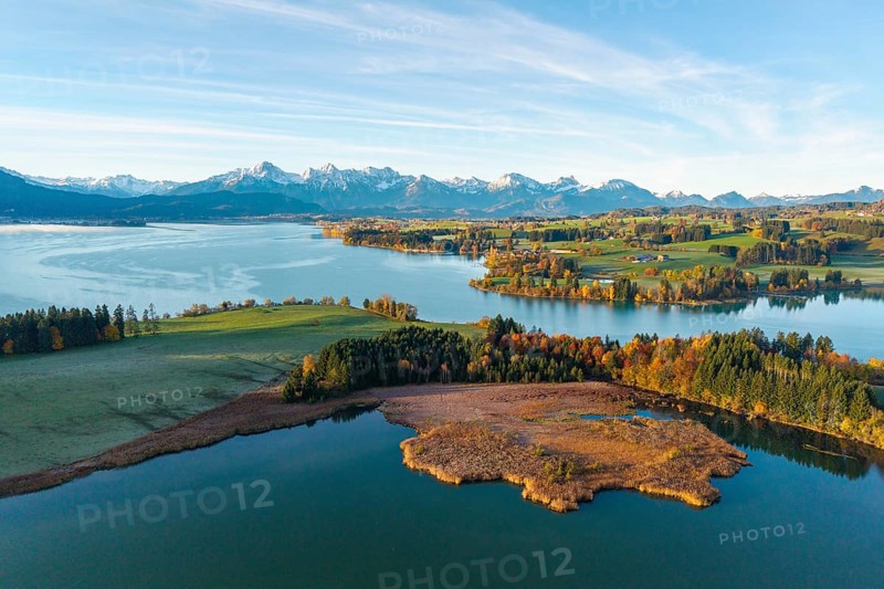 Landscape with clear lake surrounded by autumn forests and alpine scenery on the horizon, Illasbergsee, Forggensee, near Roßhaupten, Ostallgäu, Allgäu, Swabia, Bavaria, Germany