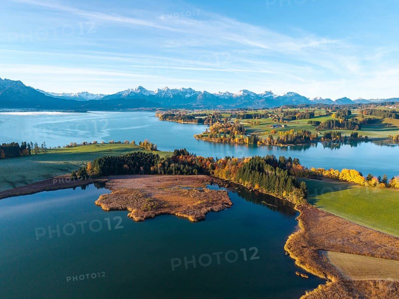 Wide landscape with calm lake, surrounded by autumn forests and alpine background, Illasbergsee, Forggensee, near Roßhaupten, Ostallgäu, Allgäu, Swabia, Bavaria, Germany