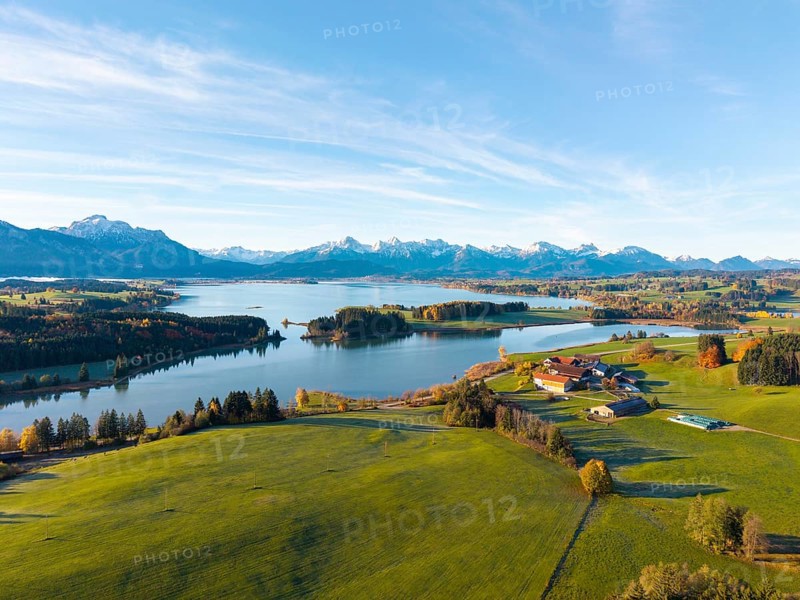 Green meadows and a farm on the shore of a lake with mountains in the background, Illasbergsee, Forggensee, near Roßhaupten, Ostallgäu, Allgäu, Swabia, Bavaria, Germany