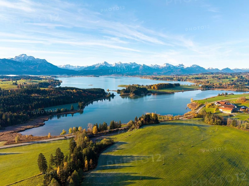 Rural scene with vast meadows and a lake, framed by mountains, Illasbergsee, Forggensee, near Roßhaupten, Ostallgäu, Allgäu, Swabia, Bavaria, Germany