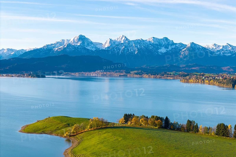 View over quiet lake and rolling hills to the chain of snow-capped alpine mountains in the background, Forggensee, near Roßhaupten, Ostallgäu, Allgäu, Swabia, Bavaria, Germany