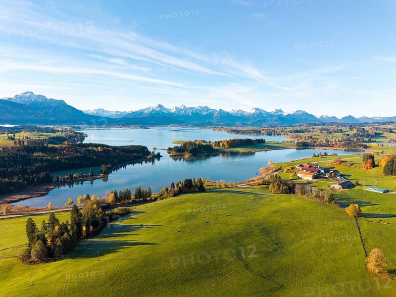View of a lake surrounded by green hills and mountains under a clear blue sky, Illasbergsee, Forggensee, near Roßhaupten, Ostallgäu, Allgäu, Swabia, Bavaria, Germany