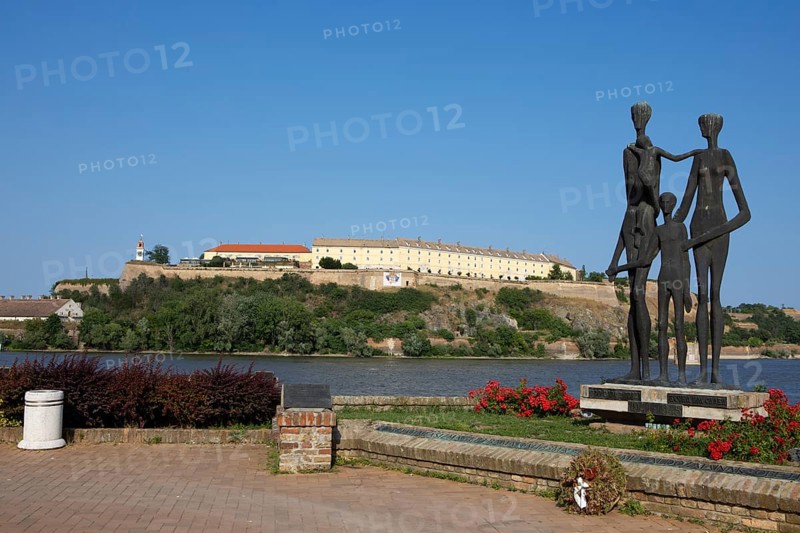 Memorial to the victims of the Novi Sad massacre, in the back the Petrovaradin Fortress or Petrovaradin on the Danube, Novi Sad, Vojvodina Province, Serbia