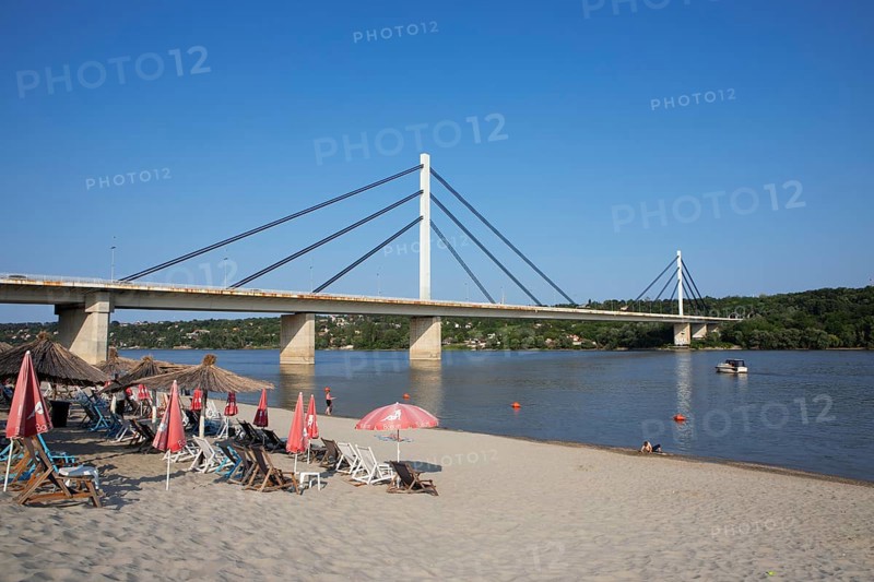 City beach on the Danube and Freedom Bridge, Novi Sad, Vojvodina Province, Serbia